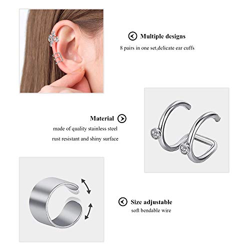 Clips de Oreja de Acero Inoxidable, Comius Sharp 8 Pares Puño de Oreja de Acero Inoxidable Clip sin Perforación Pendientes de Cartílago para Hombres y Mujeres (01)