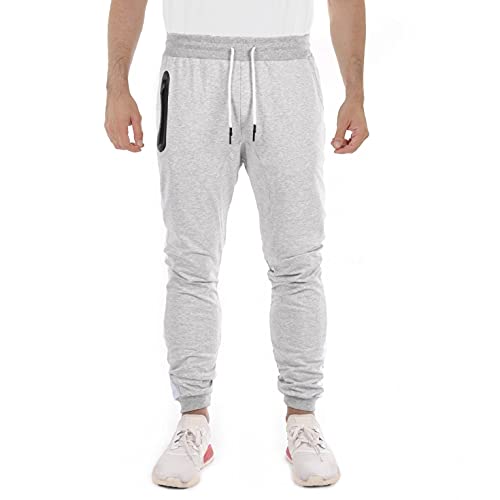 CMTOP Pantalones de Deporte para Hombre Algodón Pantalones Largo Hombre con Cremallera Bolsillos Casuales Elásticos Jogger Pants Slim Fit Trouser Sweat Pants con cordón(Gris Claro,XS)