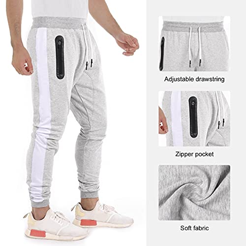 CMTOP Pantalones de Deporte para Hombre Algodón Pantalones Largo Hombre con Cremallera Bolsillos Casuales Elásticos Jogger Pants Slim Fit Trouser Sweat Pants con cordón(Gris Claro,XS)