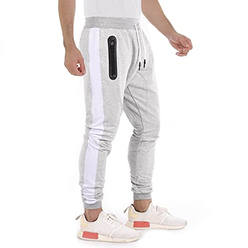 CMTOP Pantalones de Deporte para Hombre Algodón Pantalones Largo Hombre con Cremallera Bolsillos Casuales Elásticos Jogger Pants Slim Fit Trouser Sweat Pants con cordón(Gris Claro,XS)