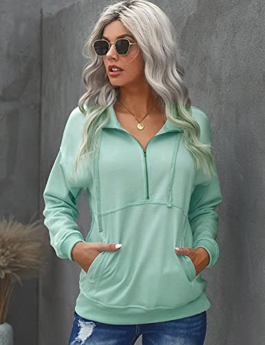 CMTOP Sudadera para Mujer Sin Capucha Pullover Cordón Manga Larga Jersey Sueltos Sweatshirt Color sólido Camiseta Otoño Primavera Mujer Chándal con Cremallera y Bolsillo(Verde,S)