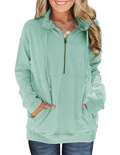 CMTOP Sudadera para Mujer Sin Capucha Pullover Cordón Manga Larga Jersey Sueltos Sweatshirt Color sólido Camiseta Otoño Primavera Mujer Chándal con Cremallera y Bolsillo(Verde,S)