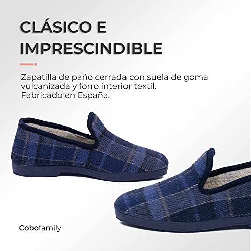 CoboFamily Zapatillas de Estar por Casa Hombre Cuadros Zapatos Mocasines Paño Plano Cerradas Slipper Calido Comodo Pantufla Suela Caucho MADE IN SPAIN (44, Marino)