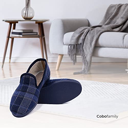 CoboFamily Zapatillas de Estar por Casa Hombre Cuadros Zapatos Mocasines Paño Plano Cerradas Slipper Calido Comodo Pantufla Suela Caucho MADE IN SPAIN (44, Marino)