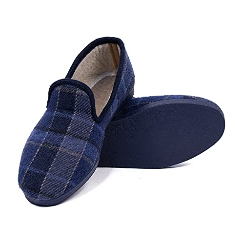 CoboFamily Zapatillas de Estar por Casa Hombre Cuadros Zapatos Mocasines Paño Plano Cerradas Slipper Calido Comodo Pantufla Suela Caucho MADE IN SPAIN (44, Marino)