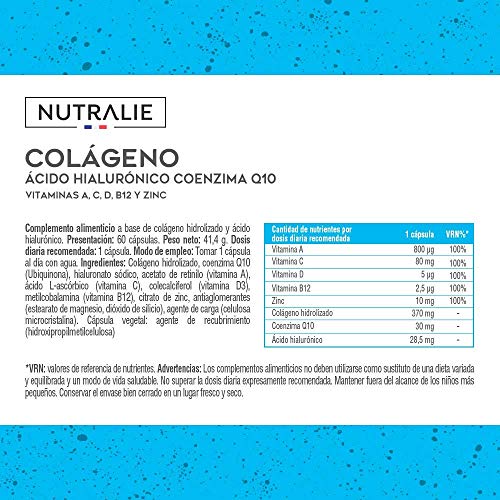 Colágeno + Ácido Hialurónico + Coenzima Q10 + Vitaminas A, C, D y B12 + Zinc | Energía y Articulaciones Fuertes | Colágeno Hidrolizado en 60 cápsulas | Nutralie
