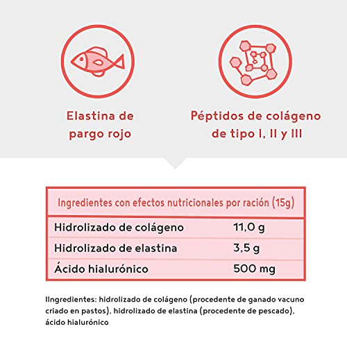 Colágeno con elastina marina y ácido hialurónico - Péptidos de hidrolizado de colágeno de tipo I, II y III - Sin aditivos - Sin sabor - 450 g en polvo