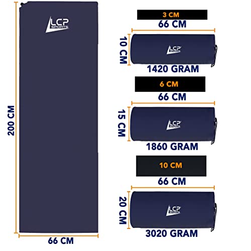 Colchoneta aislante autohinchable de LCP Sports; dimensiones 200 x 66 cm, de 3, 6 y 10 cm de grosor, color azul, tamaño 200 x 66 x 6 cm, 4.41, 78.74 x 25.98 x 2.36inches