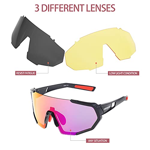 colmanda Gafas de Ciclismo Polarizadas, Gafas Ciclismo UV400, 3 Lentes Intercambiables para Hombres y Mujeres, Gafas Sol Deportivas para Bicicleta, Montaña, Navegar, Pescar, Conducir (rosso)