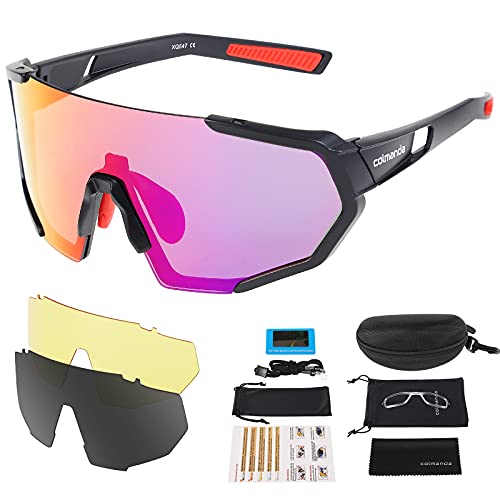 colmanda Gafas de Ciclismo Polarizadas, Gafas Ciclismo UV400, 3 Lentes Intercambiables para Hombres y Mujeres, Gafas Sol Deportivas para Bicicleta, Montaña, Navegar, Pescar, Conducir (rosso)