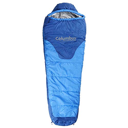 COLUMBUS - Aneto 300 Saco de Dormir Ligero 2 Estaciones Relleno de Fibra Hueca para Niño o Niña. Equipado con Collarín Térmico y Solapa Anti frío. Color Azul