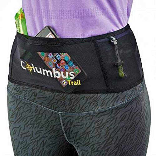 COLUMBUS Trail Running | Run Hip Belt Cinturón de Hidratación Elástico para Correr. 4 Bolsillos y 2 Cintas Elásticas para los Bastones. Color Negro.