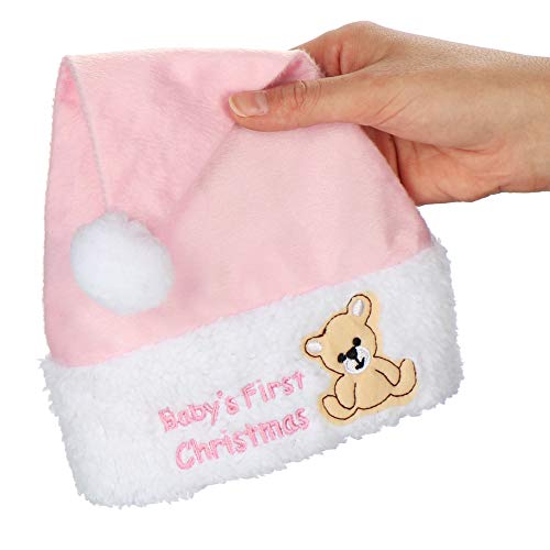 com-four® 2X Gorro de Navidad en Rosa - Inscripción de la 1ª Navidad del bebé - Gorro de Papá Noel con Motivo de Oso de Peluche - Gorro de Pompones para Navidad (02 Piezas - Rosa)