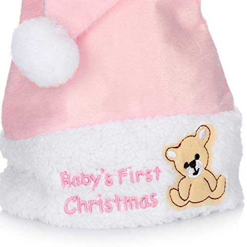 com-four® 2X Gorro de Navidad en Rosa - Inscripción de la 1ª Navidad del bebé - Gorro de Papá Noel con Motivo de Oso de Peluche - Gorro de Pompones para Navidad (02 Piezas - Rosa)