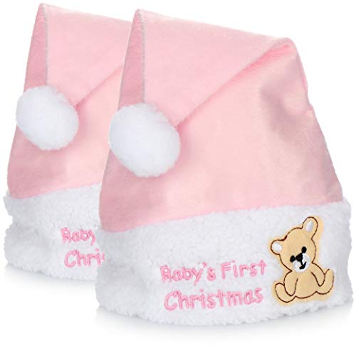 com-four® 2X Gorro de Navidad en Rosa - Inscripción de la 1ª Navidad del bebé - Gorro de Papá Noel con Motivo de Oso de Peluche - Gorro de Pompones para Navidad (02 Piezas - Rosa)