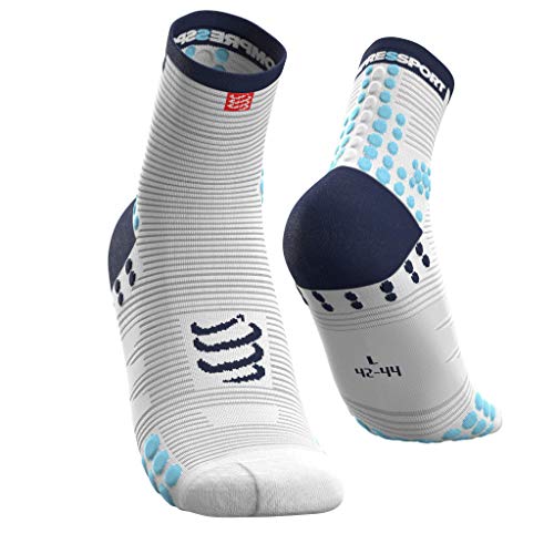 COMPRESSPORT Pro Racing Socks v3.0 Run High Calcetines para Correr, Unisex-Adult, Blanco/Azul, T1