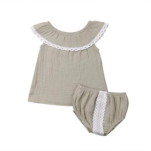 Conjunto de ropa de verano sin mangas de encaje con volantes de color sólido chaleco+cintura elástica corto florecedores infantiles 2 piezas conjuntos casuales, gris, 6-12 Meses