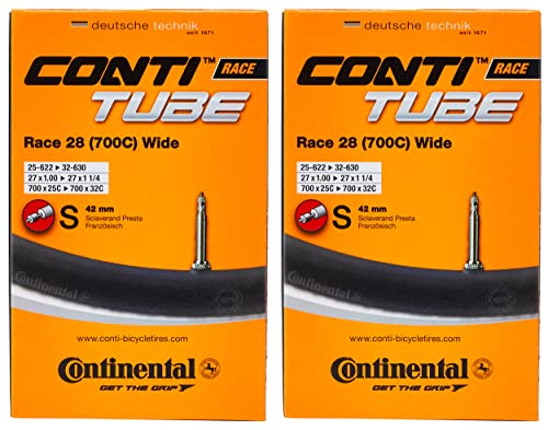 Continental Pack 2 cámaras Road 28 Wide, 700c 25-32, válvula Presta (Fina), 42 mm, Unisex Adulto, Negro, [25-622->32-630]