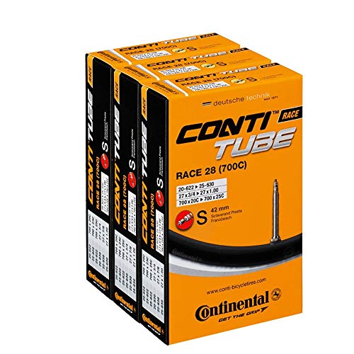 Continental Race Tubes Pack 3 cámaras Continental Road 28, 700c 20-25, válvula Presta (Fina), 42 mm, Unisex Adulto, Negro y Dorado, 700 x 20-25c