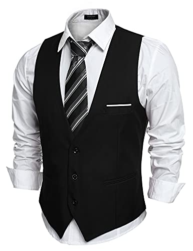 COOFANDY Chaleco de traje de hombre con cuello en V, sin mangas, chaleco de corte ajustado, chaleco formal, clásico, monocolor, para negocios, informal, boda, 93-negro, M