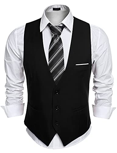 COOFANDY Chaleco de traje de hombre con cuello en V, sin mangas, chaleco de corte ajustado, chaleco formal, clásico, monocolor, para negocios, informal, boda, 93-negro, M