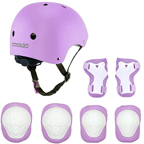 COOLGO Casco Bici Niño, 7 In 1 Set de protección para niños, Casco y Coderas, Rodilleras, para IR con Patines, Bici, Patineta o Patinete (Púrpura)