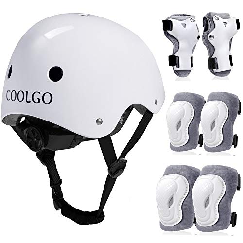 COOLGO Juego de casco y almohadilla para niños de 3 a 8 años, monopatín ajustable, rodilleras, coderas, muñequeras, para patinaje en línea, ciclismo, color rosa (blanco)