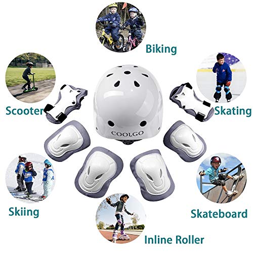 COOLGO Juego de casco y almohadilla para niños de 3 a 8 años, monopatín ajustable, rodilleras, coderas, muñequeras, para patinaje en línea, ciclismo, color rosa (blanco)