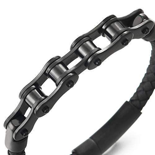 COOLSTEELANDBEYOND Acero Negro Bike Chain Cadena Bici Motocicleta Pulsera, Negro Cuero Trenzado Brazalete de Hombre, Cierre Mosquetón