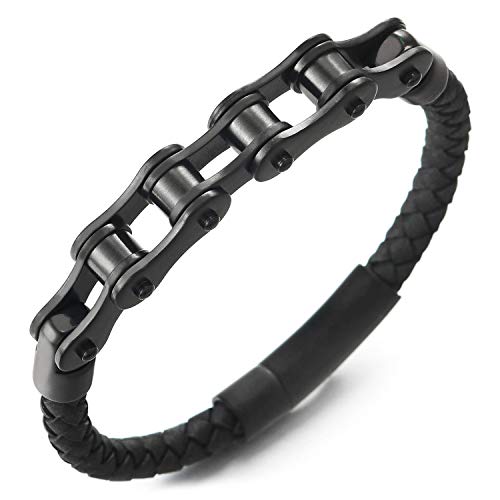 COOLSTEELANDBEYOND Acero Negro Bike Chain Cadena Bici Motocicleta Pulsera, Negro Cuero Trenzado Brazalete de Hombre, Cierre Mosquetón