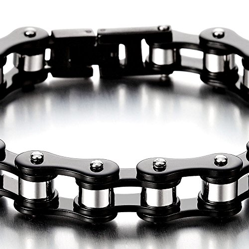 COOLSTEELANDBEYOND Masculino Negro Plata Dos Tonos Pulsera de Hombre, Brazalete de Acero Inoxidable, Bike Chain, Cadena Bici Motocicleta