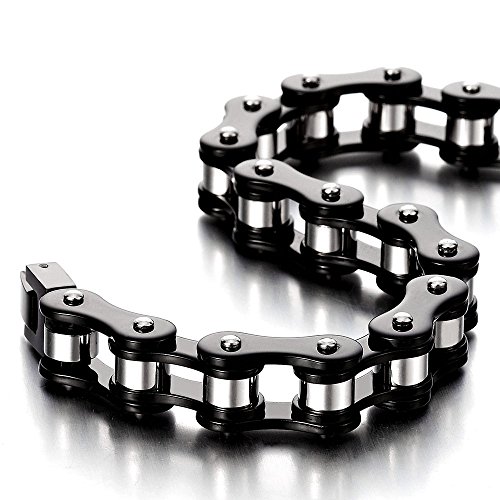 COOLSTEELANDBEYOND Masculino Negro Plata Dos Tonos Pulsera de Hombre, Brazalete de Acero Inoxidable, Bike Chain, Cadena Bici Motocicleta