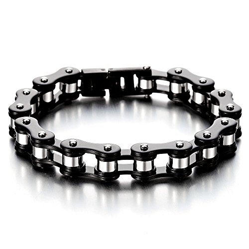 COOLSTEELANDBEYOND Masculino Negro Plata Dos Tonos Pulsera de Hombre, Brazalete de Acero Inoxidable, Bike Chain, Cadena Bici Motocicleta