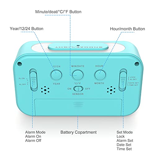 Coolzon Despertador Digital, Alarma Reloj Despertador Pilas para Infantil Niño Adulto, Despertador de Viaje Silencioso con Pantalla LED Calendario Temperatura Función Snooze Luz Nocturna, Azul