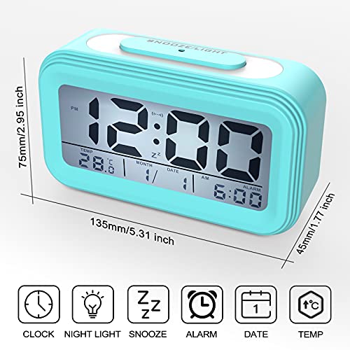 Coolzon Despertador Digital, Alarma Reloj Despertador Pilas para Infantil Niño Adulto, Despertador de Viaje Silencioso con Pantalla LED Calendario Temperatura Función Snooze Luz Nocturna, Azul