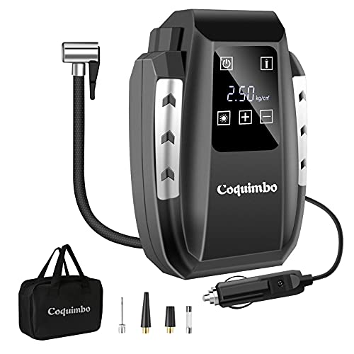 Coquimbo Compresor de Aire Coche Portatil, DC 12V Inflador Ruedas Coche, Digital Bicicleta Inflador Electrico Bomba Aire Coche con Luz LED para Coche, Bicicletas, Motocicletas y Pelotas (Plata)