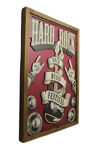 Cordelia Hard Rock Decoración de Pared Vintage Cuadro de Madera con Aplicaciones 3D en un Marco de Madera de Pino Hecho a Mano,Arte de Pared para Apartamento,Bar,Cafetería,Taller o Como Regalo