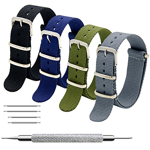 Correas de Nylon Nato Paquete de 4 18mm 20mm 22mm Balístico Zulu Correa Para Reloj Hebilla de Acero Inoxidable (16mm, Black+Army Green+Smoke Grey+Navy Blue)