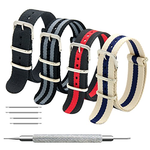 Correas de Nylon Nato Paquete de 4 18mm 20mm 22mm Balístico Zulu Correa Para Reloj Hebilla de Acero Inoxidable (22mm, Black+Bond+Linen Navy+Black Red)