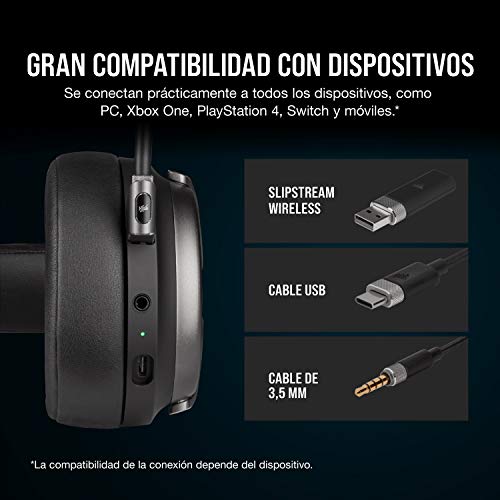 Corsair VIRTUOSO RGB WIRELESS SE, Auriculares para Juegos de Alta Fidelidad, Envolvente e Inmersivo 7.1, Micrófono Extraíble y Omnidireccional, para PC, PS4, Switch y Móviles, Gris (Plomo)