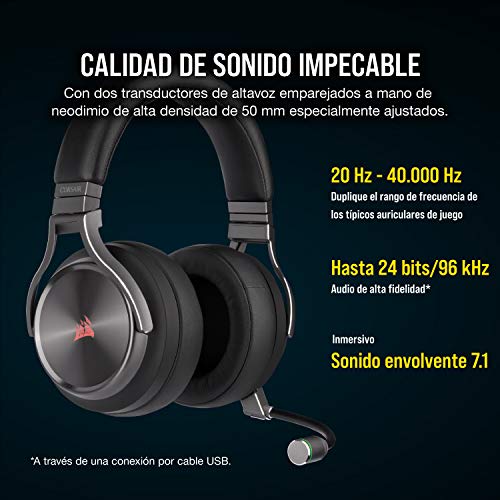 Corsair VIRTUOSO RGB WIRELESS SE, Auriculares para Juegos de Alta Fidelidad, Envolvente e Inmersivo 7.1, Micrófono Extraíble y Omnidireccional, para PC, PS4, Switch y Móviles, Gris (Plomo)