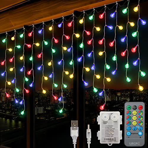 Cortina de Luces, Enteenly RGBW Cortina LED con Batería y USB, Luces Navidad para Interiores y Exteriores con Múltiples Modos, Decoración Navidad, Impermeable
