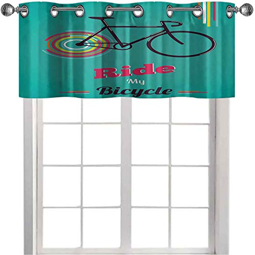 Cortina de ventana con cenefa de bicicleta con diseño retro de bicicleta hipster, 91,4 x 45,7 cm, para oscurecer la habitación, color verde azulado, rosa y negro