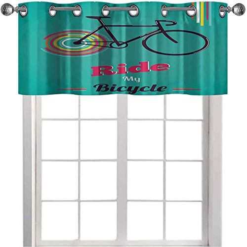 Cortina de ventana con cenefa de bicicleta con diseño retro de bicicleta hipster, 91,4 x 45,7 cm, para oscurecer la habitación, color verde azulado, rosa y negro