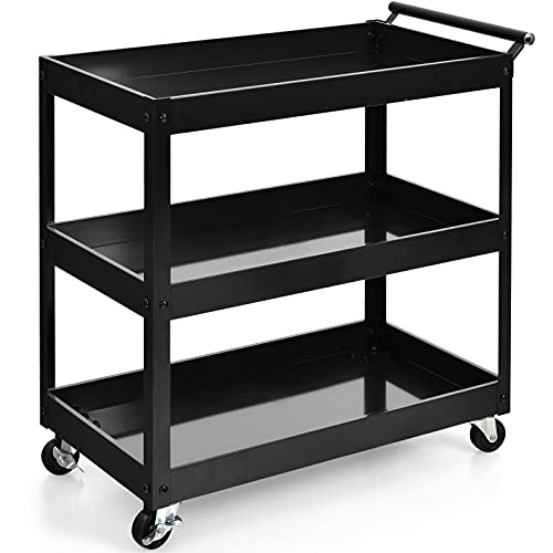 COSTWAY Carro con 3 Niveles, Carro de Servicio Resistente con Amplio Espacio Organizador Multifuncional con Ruedas Flexibles, Oficina Garaje Almacén Biblioteca (Negro)