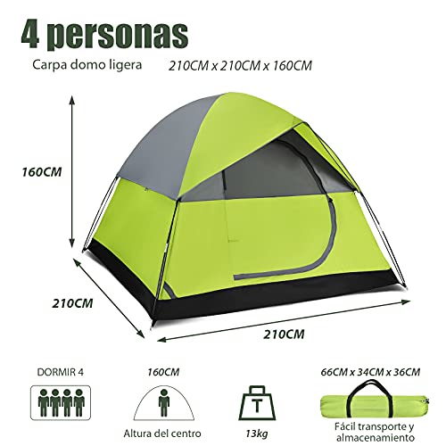 COSTWAY Tienda de Campaña para 2/4 Personas con Tejido Oxford Impermeable 3000 MM con PU, Tela antilluvia removible, 2 Cuerdas antiviento, Tienda de Playa de Doble Capa (S)