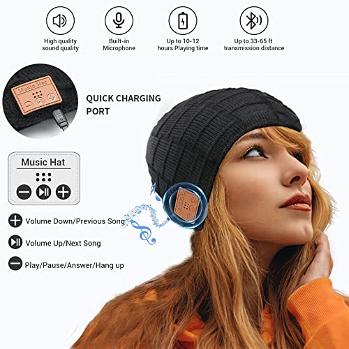 COTOP Gorro de Bluetooth, Musical Beanie Hombre Mujer Bluetooth Tejido Bluetooth 5.0 Gorro de Invierno con Auricular estéreo y micrófono Manos Libres (Negro)