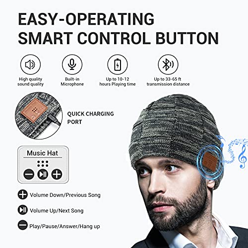 COTOP Gorro de Bluetooth, Musical Beanie Hombre Mujer Bluetooth Tejido Bluetooth 5.0 Gorro de Invierno con Auricular estéreo y micrófono Manos Libres (Gris)