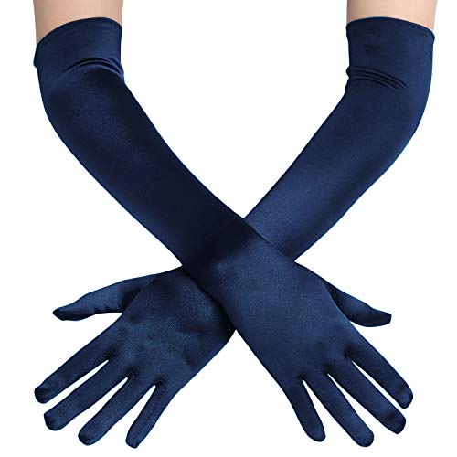 Coucoland – Guantes para mujer satén Classic Opera Fiesta Audrey Hepburn 1920s Guantes de mujer largos cortos elásticos Azul oscuro/52 cm. Talla única