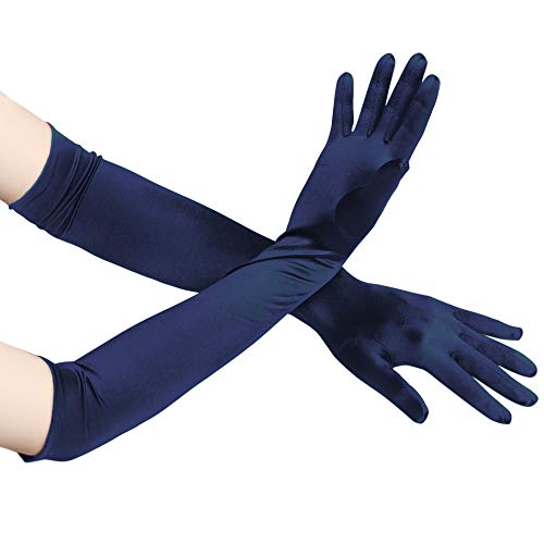 Coucoland – Guantes para mujer satén Classic Opera Fiesta Audrey Hepburn 1920s Guantes de mujer largos cortos elásticos Azul oscuro/52 cm. Talla única